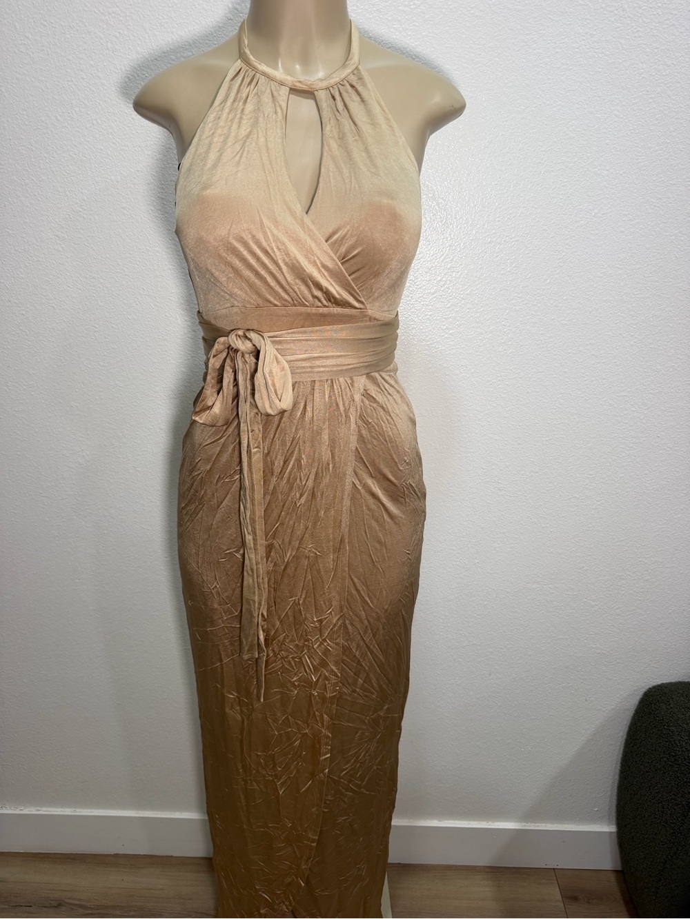 bebe Gold Halter Wrap Maxi Dress